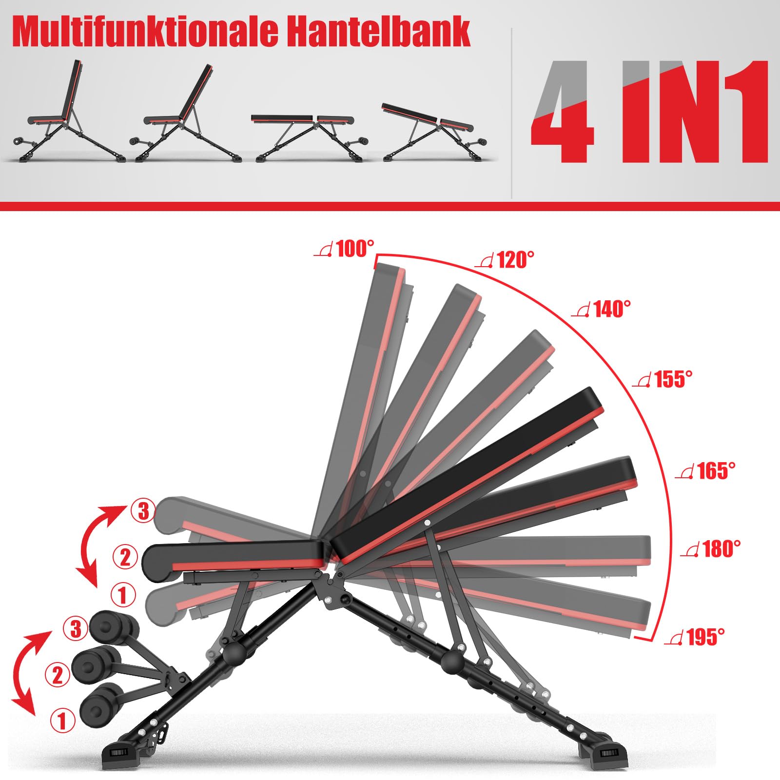 DH FitLife Hantelbank klappbar verstellbar, Schrägbank Flachbank für Bankdrücken Rückentrainer u. Bauchtrainer, Trainingsbank Fitnessbank multifunktional für Fitness Krafttraining, Weight Bench