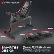 Sportstech BRT500 Hantelbank für Zuhause, 17-fach verstellbar, Schräg- und Flachbank, mit Beincurler, klappbar, Liegestützgriffe, 300 kg belastbar, Ganzkörper-Workout, Multifunktions Fitnessbank