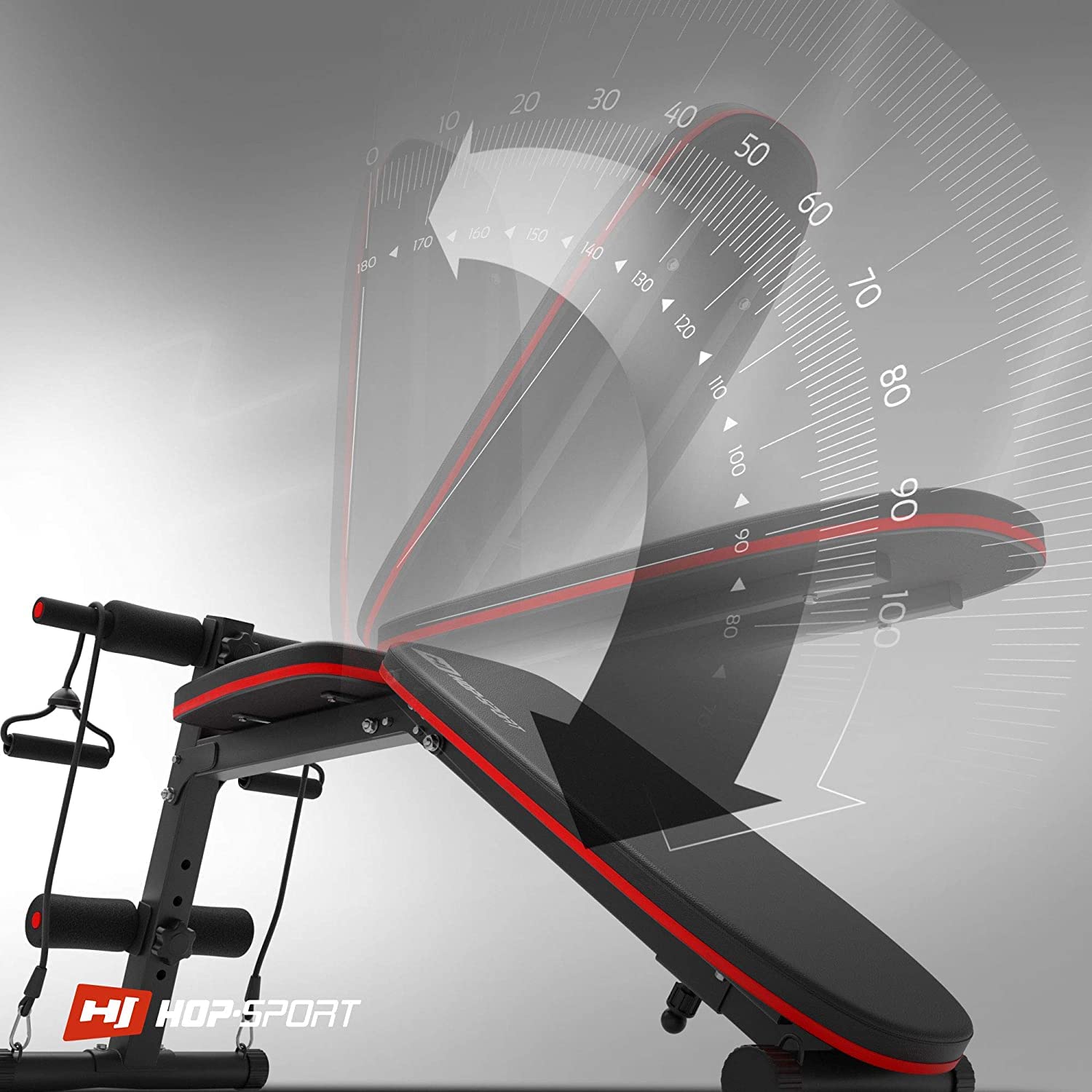 Hop-Sport Hantelbank, Klappbare Trainingsbank mit Beinfixierung, 6-fach Verstellbare Rückenlehne, Inkl. Expanderseile, Fitnessgeräte für Zuhause, 220 kg Max. Belastbarkeit