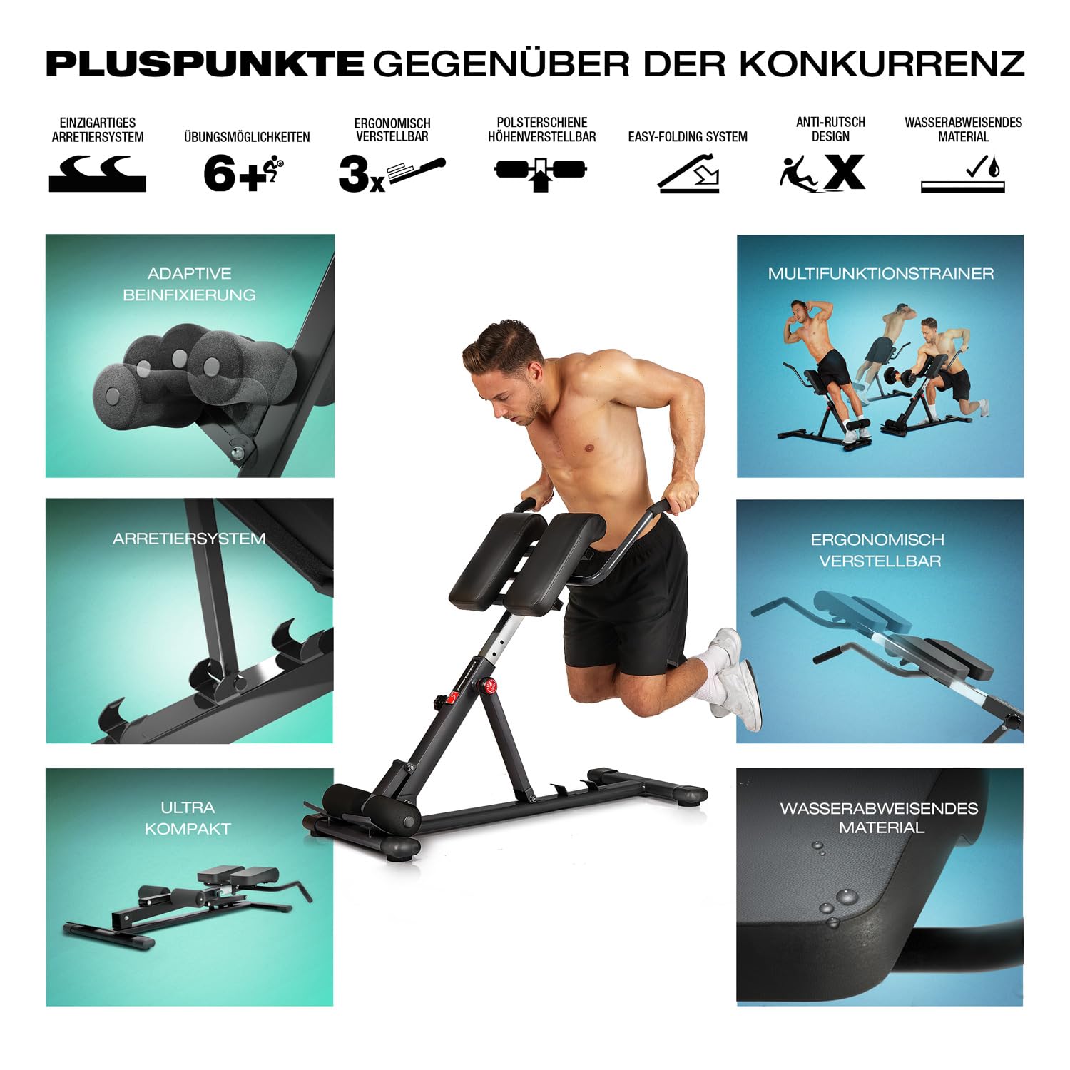 Sportstech 6in1 Bauch- und Rückentrainer für zuhause, Multifunktion Hantelbank verstellbar, training bench press bank, Deutsche Qualitätsmarke, Bauch Beine Po Sit Up bank für Home (BRT150 schwarz)