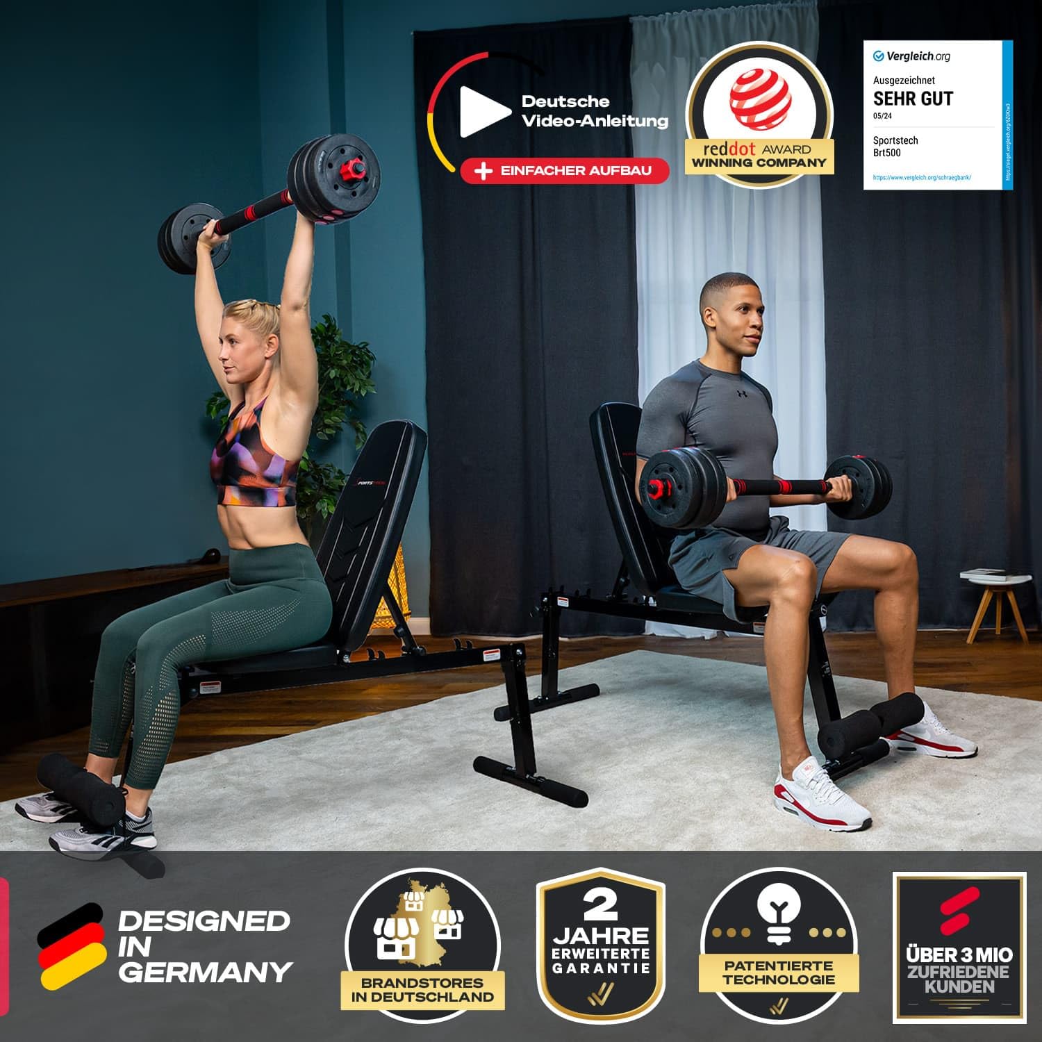 Sportstech BRT500 Hantelbank für Zuhause, 17-fach verstellbar, Schräg- und Flachbank, mit Beincurler, klappbar, Liegestützgriffe, 300 kg belastbar, Ganzkörper-Workout, Multifunktions Fitnessbank