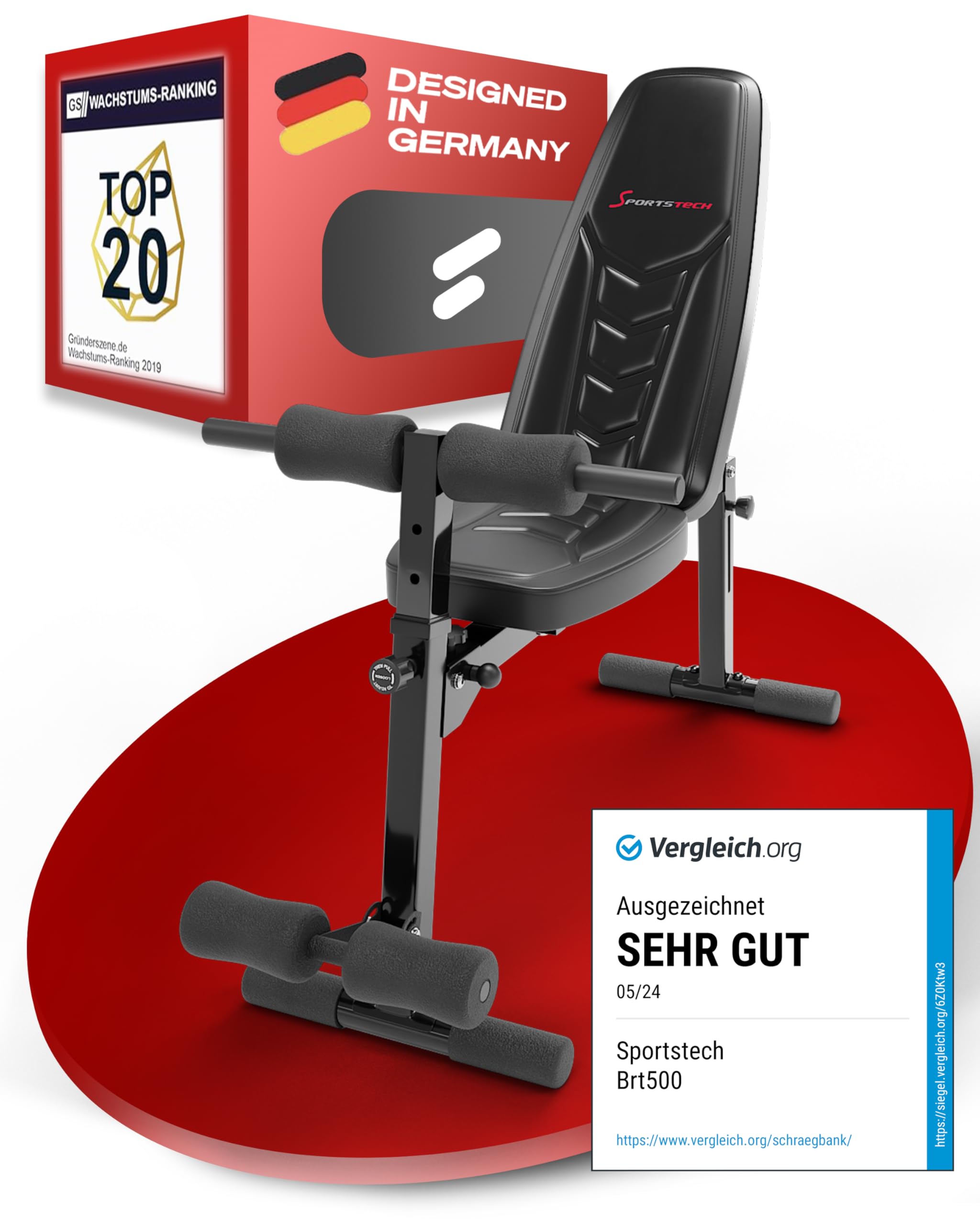 Sportstech BRT500 Hantelbank für Zuhause, 17-fach verstellbar, Schräg- und Flachbank, mit Beincurler, klappbar, Liegestützgriffe, 300 kg belastbar, Ganzkörper-Workout, Multifunktions Fitnessbank