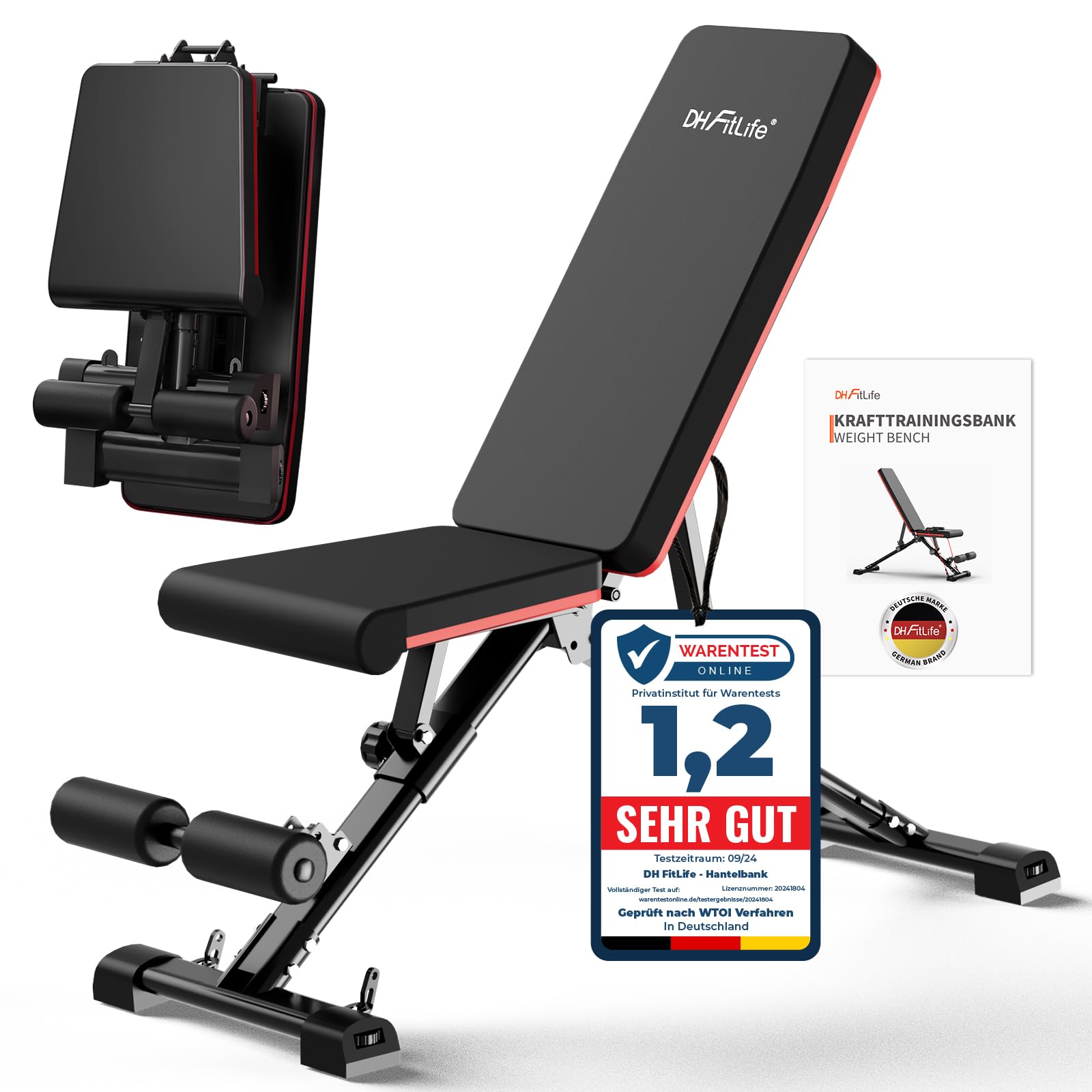 DH FitLife Hantelbank klappbar verstellbar, Schrägbank Flachbank für Bankdrücken Rückentrainer u. Bauchtrainer, Trainingsbank Fitnessbank multifunktional für Fitness Krafttraining, Weight Bench