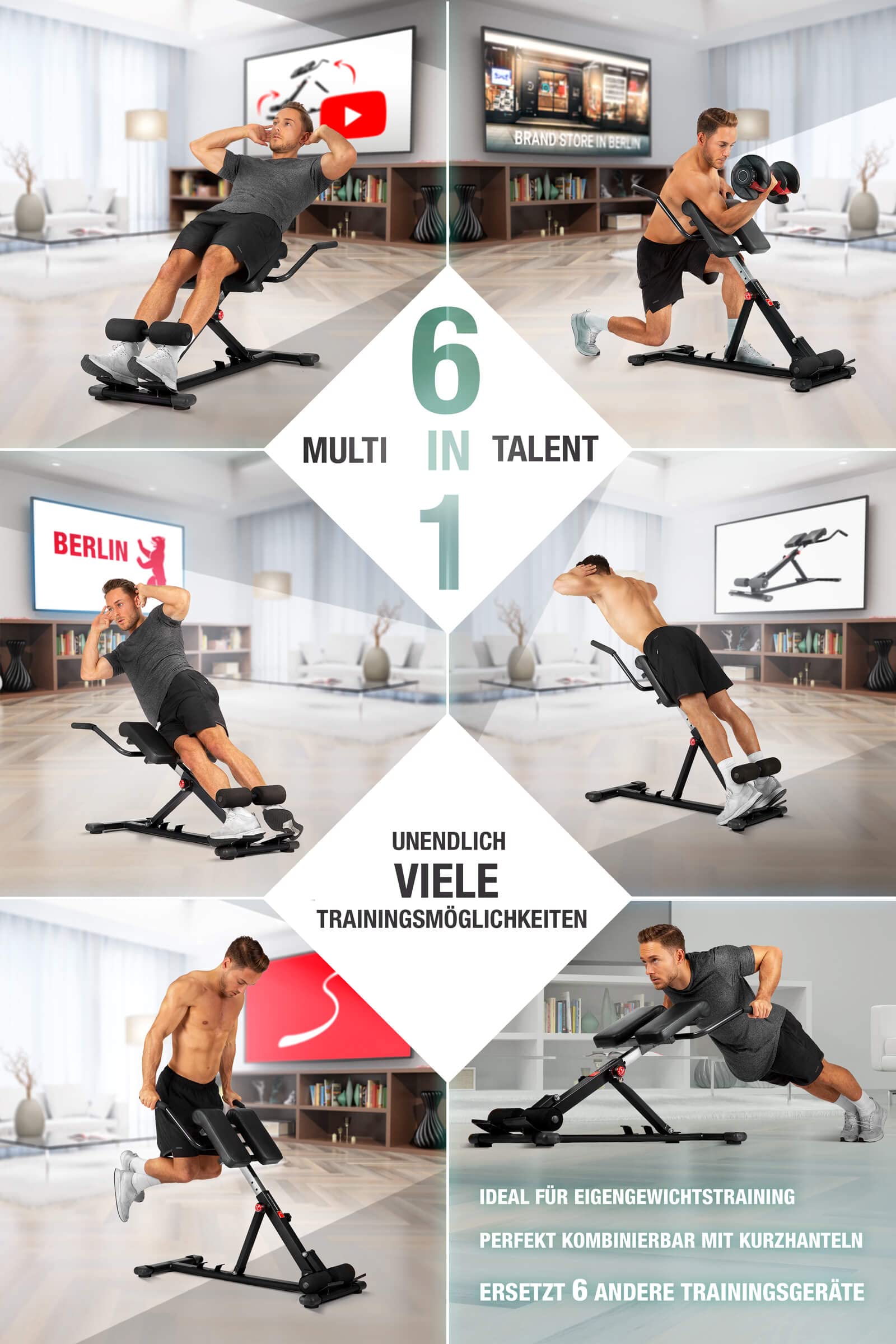 Sportstech 6in1 Bauch- und Rückentrainer für zuhause, Multifunktion Hantelbank verstellbar, training bench press bank, Deutsche Qualitätsmarke, Bauch Beine Po Sit Up bank für Home (BRT150 schwarz)
