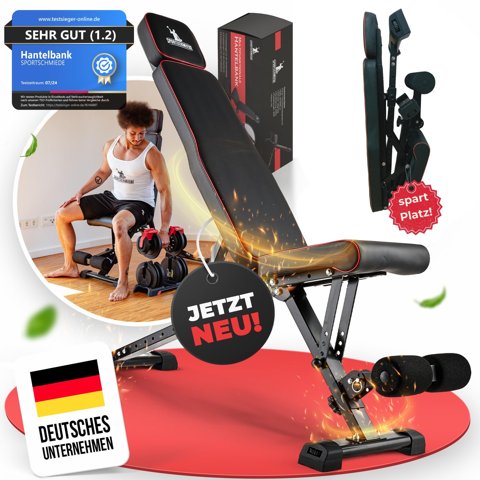 SPORTSCHMIEDE Hantelbank Klappbar Verstellbar, Multifunktions Trainingsbank Schrägbank, Sportgerät für zu Hause, Bench, Fitnessbank - Bankdrücken Krafttraining Muskeltraining Kraftsport - JETZT NEU!