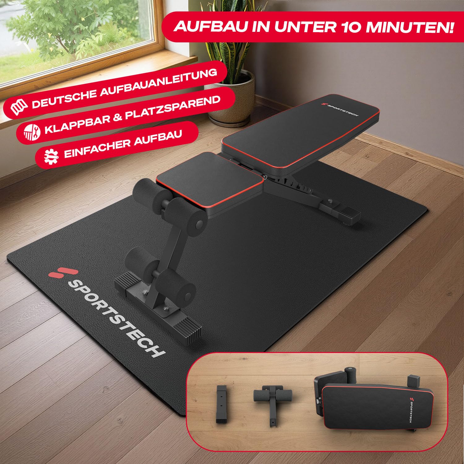 Sportstech BRT250 Hantelbank klappbar & verstellbar – Multifunktionale Fitnessbank für zuhause, 7 in 1 Schrägbank & Trainingsbank für Ganzkörpertraining, kompakt faltbar, bis 300 kg belastbar