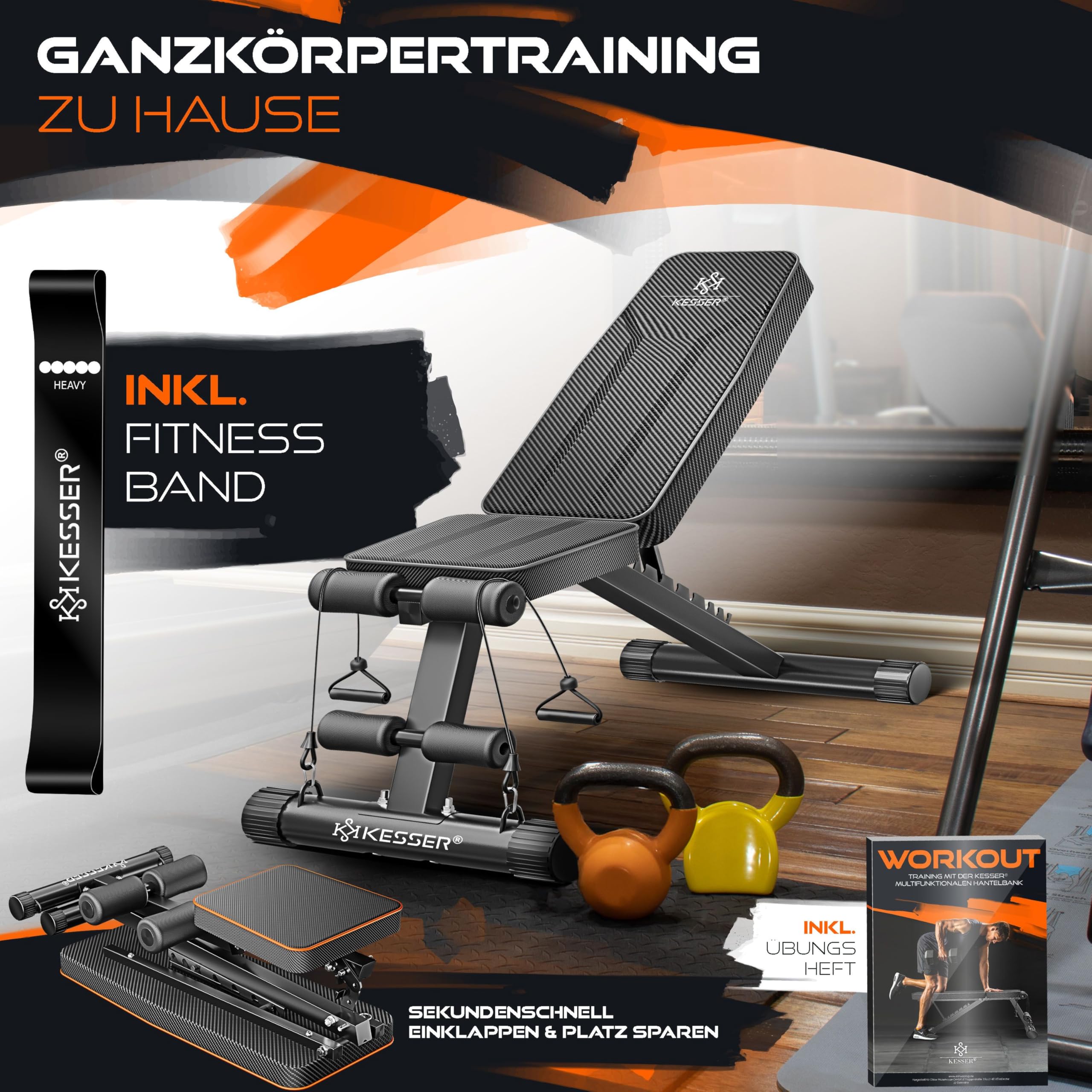 KESSER® Klappbare Hantelbank Multifunktionale Trainingsbank mit Rückenlehne 500kg Belastbarkeit | verstellbare Bank Fitnessgerät zum Bankdrücken | Ganzkörpertraining Schrägbank für Fitness & Training